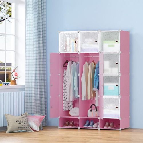 Portable Plastic Wardrobe Pink(3 Column)